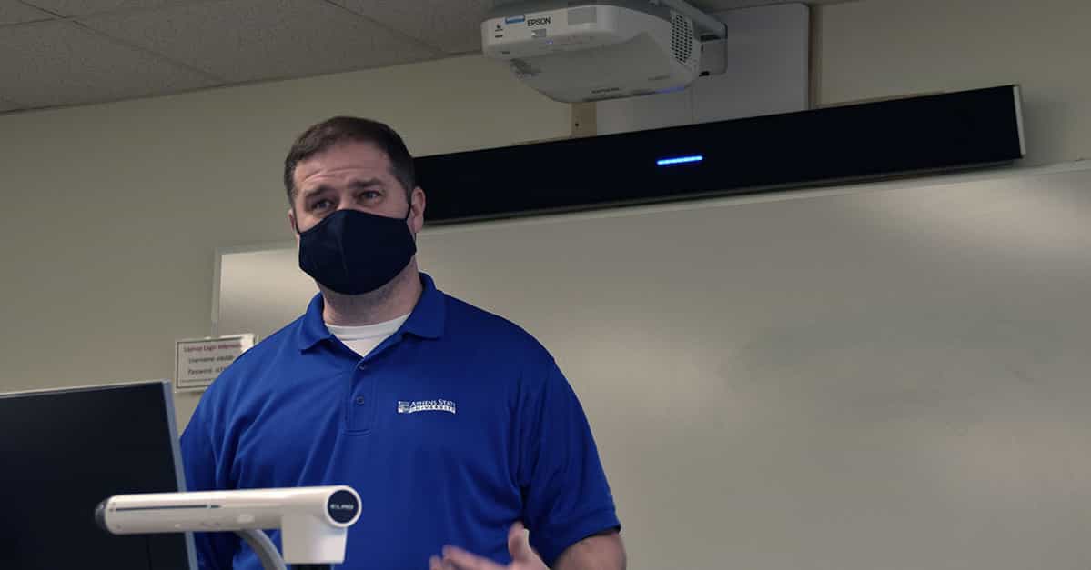 Nureva HDL300 audio conferencing system providing full-room coverage in a hybrid learning classroom at Athens State University