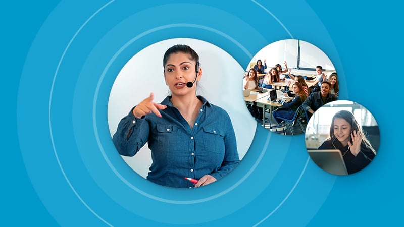 Teacher using voice amplification with in-person students and a remote student