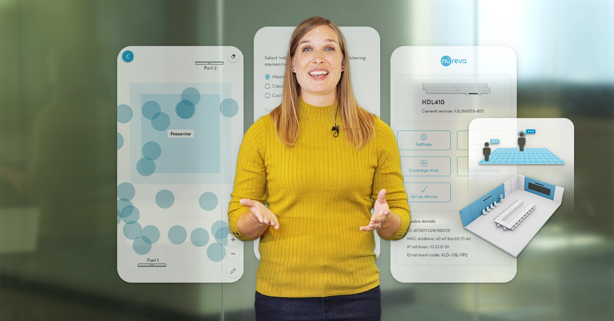 Woman stands in front of screen shots showing features of the Nureva App.